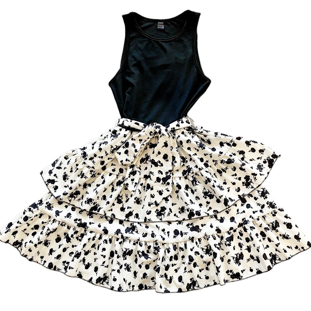 SHEIN Black Cream Floral Layered Belted Dress Womens Size XS NEW